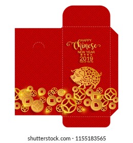 chinese new year 2019 money red envelopes packet ( 9 x 17 Cm.) Zodiac sign with gold paper cut art and craft style on color Background.(Chinese Translation : Year of the pig)