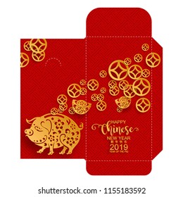 ano novo chinês 2019 dinheiro envelope vermelho pacote (9 x 17 Cm.) Signo do zodíaco com arte de corte de papel dourado e estilo artesanal na cor Fundo. (Tradução em chinês: Ano do porco)