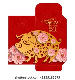 chinese new year 2019 money red envelopes packet ( 9 x 17 Cm.) Zodiac sign with gold paper cut art and craft style on color Background.(Chinese Translation : Year of the pig)