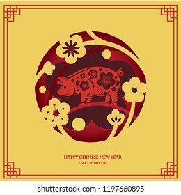 Chinese New Year 2019. Year of Pig. Paper cut style. 