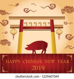 Chinese New Year 2019 with Pig and Temple