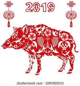 Chinese new year 2019, silhouette wild pig or boar and lanterns. Vector ornamental illustration.