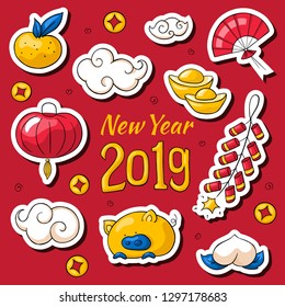 Chinese New Year 2019 stickers. Doodle style. Cartoon hand drawn Chinese new year elements: . yellow pig, firecrackers, , peach, red fan, tangerine, gold, lantern, coins. New Year lettering.