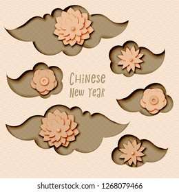 Chinese New Year 2019, vector design with paper cut clouds and flowers