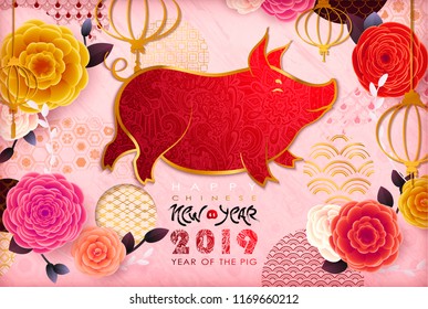 Chinese New Year 2019. Zodiac Pig. Happy New Year card, pattern, art with dog. Paper Cutting Hand drawn Vector illustration. Chinese traditional Design, golden decoration.