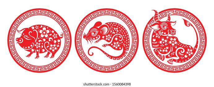 Chinese new year 2019,2020,2021 year of the rat, ox, pig ,red  paper cut character and asian elements with craft style on background. 