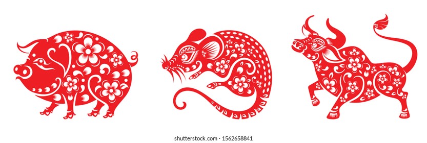 Chinese new year 2019,2020,2021 year of the rat, ox, pig ,red paper cut character and asian elements with craft style on background.