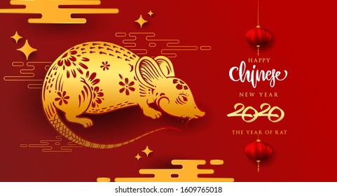 Chinese New Year 2020 Background with Rat zodiac sign. Red and gold festive background with Rat Zodiac sign for greetings card, flyers, invitation, posters, brochure, banners, calendar.