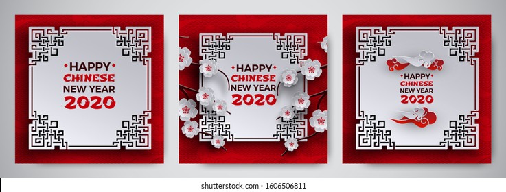 Chinese New Year 2020 banner set. Oriental frame, sakura cherry flower, pattern background, cloud. Design element collection for greeting card, banner, poster. Paper cut out style, vector