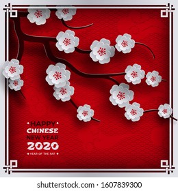 Chinese New Year 2020 banner. Oriental frame, sakura cherry flowers, red pattern background, chinese clouds. Design element for greeting card, banner, poster. Paper cut out style, vector