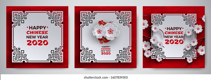 Chinese New Year 2020 banner set. Oriental frame, sakura cherry flower, pattern background, cloud. Design element collection for greeting card, banner, poster. Paper cut out style, vector