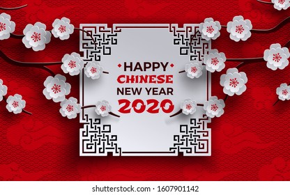 Chinese New Year 2020 banner. Oriental frame, sakura cherry flowers, red pattern background, chinese clouds. Design element for greeting card, banner, poster. Paper cut out style, vector