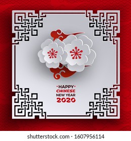 Chinese New Year 2020 banner. Oriental frame, sakura cherry flowers, red pattern background, chinese clouds. Design element for greeting card, banner, poster. Paper cut out style, vector