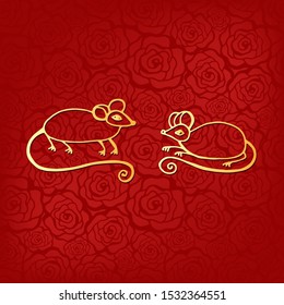 chinese new year 2020 card with abstract gold border line rat zodiac and abstract texture on red background vector design