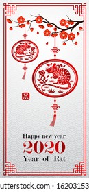 Chinese new year 2020 card is rat in lantern and Chinese word mean rat, illustration