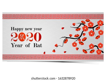 Chinese new year 2020 card is rat in circle frame with cherry blossom and Chinese word mean rat,vector illustration