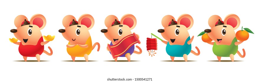 Chinese New Year 2020. Cartoon cute rat set with colourful chinese costume. Cute rat with golds, chinese scroll, fire cracker and mandarin  - vector rat character set