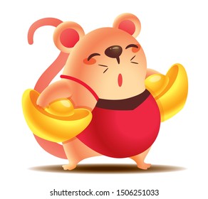 Chinese New Year 2020. Cartoon cute rat carrying big Chinese gold Ingot. The year of the rat. Cartoon rat character mascot. - Vector mascot