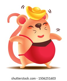 Chinese New Year 2020. Cartoon Little Rat with Chinese gold on head. The year of the Rat. - Vector