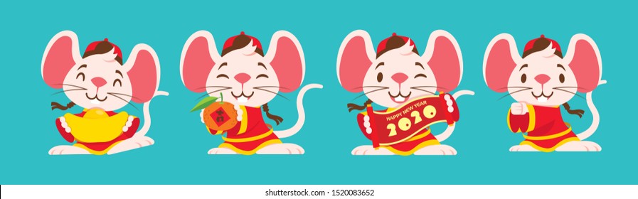 Chinese New Year 2020. Cartoon cute mouse character set with traditional chinese costume. The year of rat. Translation: lucky (Orange) - flat art vector rat character set