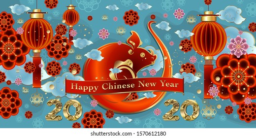 Chinese new year 2020 celebration greeting card, banner, poster, with mouse, rat as a symbol, and china traditional ornaments illustration.
