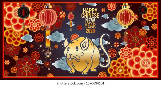 Chinese new year 2020 celebration greeting card, banner, poster, with mouse, rat as a symbol, and china traditional ornaments illustration.

