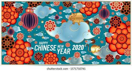 Chinese new year 2020 celebration greeting card, banner, poster, with mouse, rat as a symbol, and china traditional ornaments illustration.
