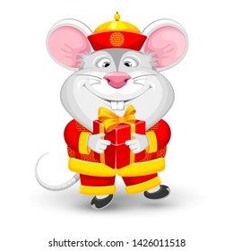 Chinese New Year 2020. Cheerful Rat as symbol of new 2020 year holds red gift box with golden bow. Rat dressed in traditional festive costume. Cartoon vector illustration.
