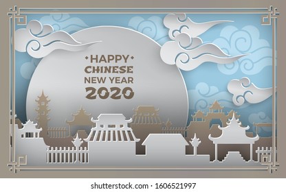 Chinese new year 2020. China town village on blue sky, sun, clouds background. Oriental pattern ornate paper frame. Banner, poster, greeting card design, paper cut out art style, vector