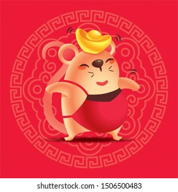 Chinese New Year 2020. Cute rat head with gold ingot on traditional oriental ornament design red background with calligraphy lettering. Year of the rat. - vector
