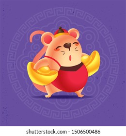 Chinese New Year 2020. Cute rat carrying big gold ingots with traditional oriental ornament design on purple background - vector