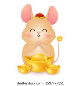 Chinese New Year 2020. Cute cartoon Little Rat character design with traditional Chinese red hat and chinese gold ingot isolated on white background. The year of the rat. Zodiac of the rat. vector.