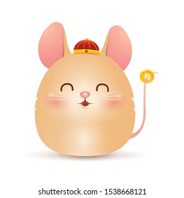 Chinese New Year 2020. Cute cartoon fat little rat character design with traditional chinese red hat and chinese gold coin isolated on white background. Year of the rat. Zodiac Rat. vector.