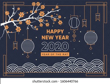 Chinese New Year 2020 flat design in dark blue background for Greeting Card, Poster, banner and Invitation card. Vector Background