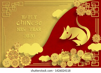 Chinese new year 2020 greeting card wth cute rat, zodiac sign, paper cut style on half red and gold background.,
Vector illustration.