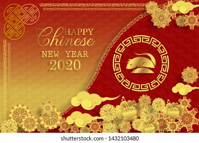 Chinese new year 2020 greeting card wth cute rat, zodiac sign, paper cut style on red and gold background. Vector illustration.