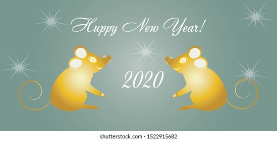 Chinese New Year 2020. Greeting card with silhouettes of rats, star highlights. Vector flat design style illustration. Holiday banner concept, decor element.