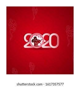 Chinese new year 2020 greetings card in traditional red pattern with zodiac sign rat. Vibrant abstract geometric pattern background for mobile wallpaper, banner, poster, flyer, sketchbook cover.