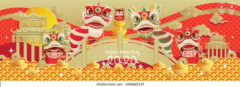 Chinese New Year 2020. Happy new year greeting cards. Postcards or posters. The scene of the golden bridge and the river pattern in Chinese style. Cartoon character
The traditional cheongsam dress.