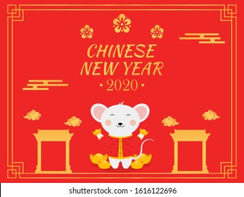 Chinese New Year 2020 illustration in red background, with rat cartoon character, chinese gates, clouds, ingot, and flowers.