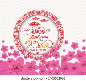 Chinese new year 2020 lantern and blossom. Chinese characters mean Happy New Year. Year of the rat