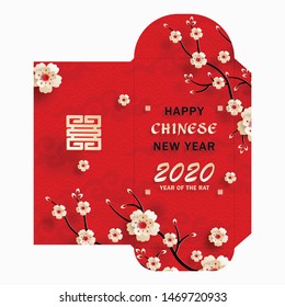 Chinese new year 2020 lucky envelope (9 x 17 cm) money packet with gold paper cut art and craft style on color background (Translation : happy chinese new year 2020, year of the rat)