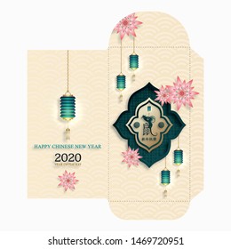 Chinese new year 2020 lucky envelope (9 x 17 cm) money packet with gold paper cut art and craft style on color background (Translation : happy chinese new year 2020, year of the rat)