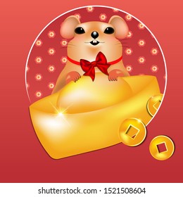 Chinese New Year 2020. Lucky Rat, gold ingot and coin , Year of the rat. Lucky Feng Shui Rat, Chinese Zodiac Animals, vector illustration