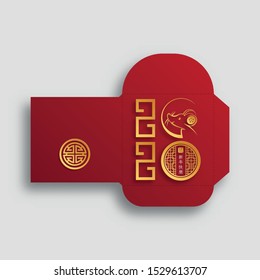 Chinese new year 2020 lucky envelope, money packet with gold paper cut art and craft style with oriental elements on color background (Translation : happy chinese new year 2020, year of the rat)