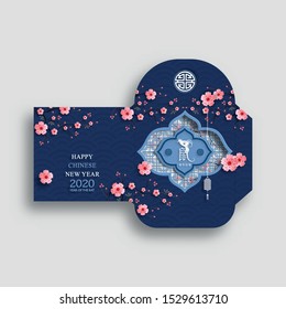 Chinese new year 2020 lucky envelope, money packet with gold paper cut art and craft style with oriental elements on color background (Translation : happy chinese new year 2020, year of the rat)