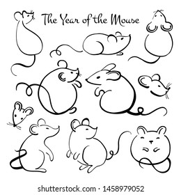 Chinese New Year 2020. The Year of the Mouse or Rat. Vector outline hand drawn brush illustration with different animal characters in various poses. Black on white background