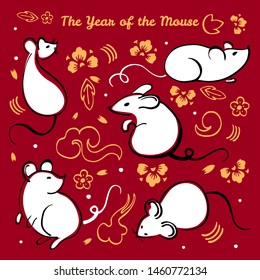 Chinese New Year 2020. The Year of the Mouse or Rat. Vector outline hand drawn brush illustration set with animal characters, decorative elements and flowers white, black and gold on red background
