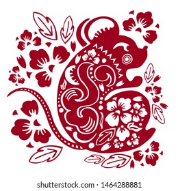 Chinese New Year 2020. The Year of the Mouse or Rat. Vector papercut silhouette illustration with animal character and decorative flowers. Red on white background