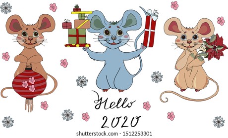 Chinese New Year 2020. The Year of the Mouse or Rat. Vector outline hand drawn brush illustration set with animal characters, decorative elements